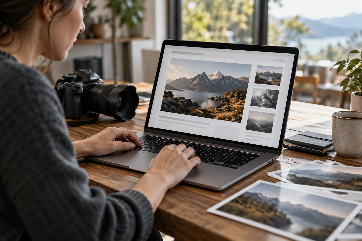 Fotografka vybírá velkou fotografii do článku na notebooku, vedle leží fotoaparát.