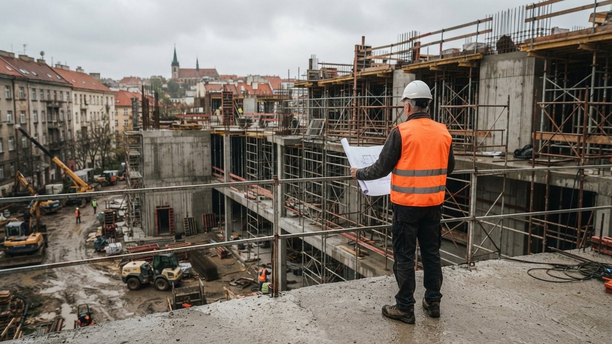 Architekt kontroluje rozestavěnou budovu