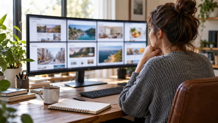 Správce sleduje více webů na širokém monitoru.