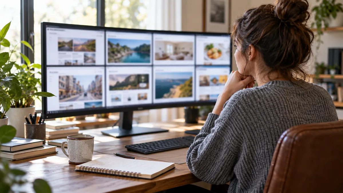 Správce sleduje více webů na širokém monitoru.