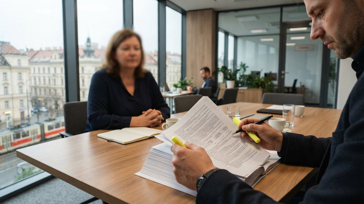 Majitel firmy čte smlouvu velkého dodavatele