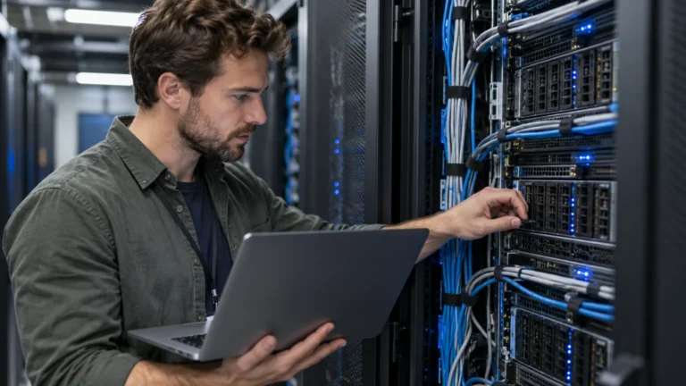 Technik s notebookem kontroluje serverovou skříň.