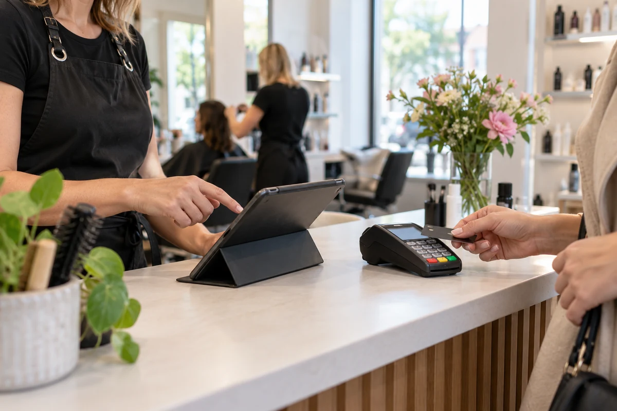 Recepce malého kadeřnictví, detail rukou u tabletu a platebního terminálu, čisté světlé prostředí