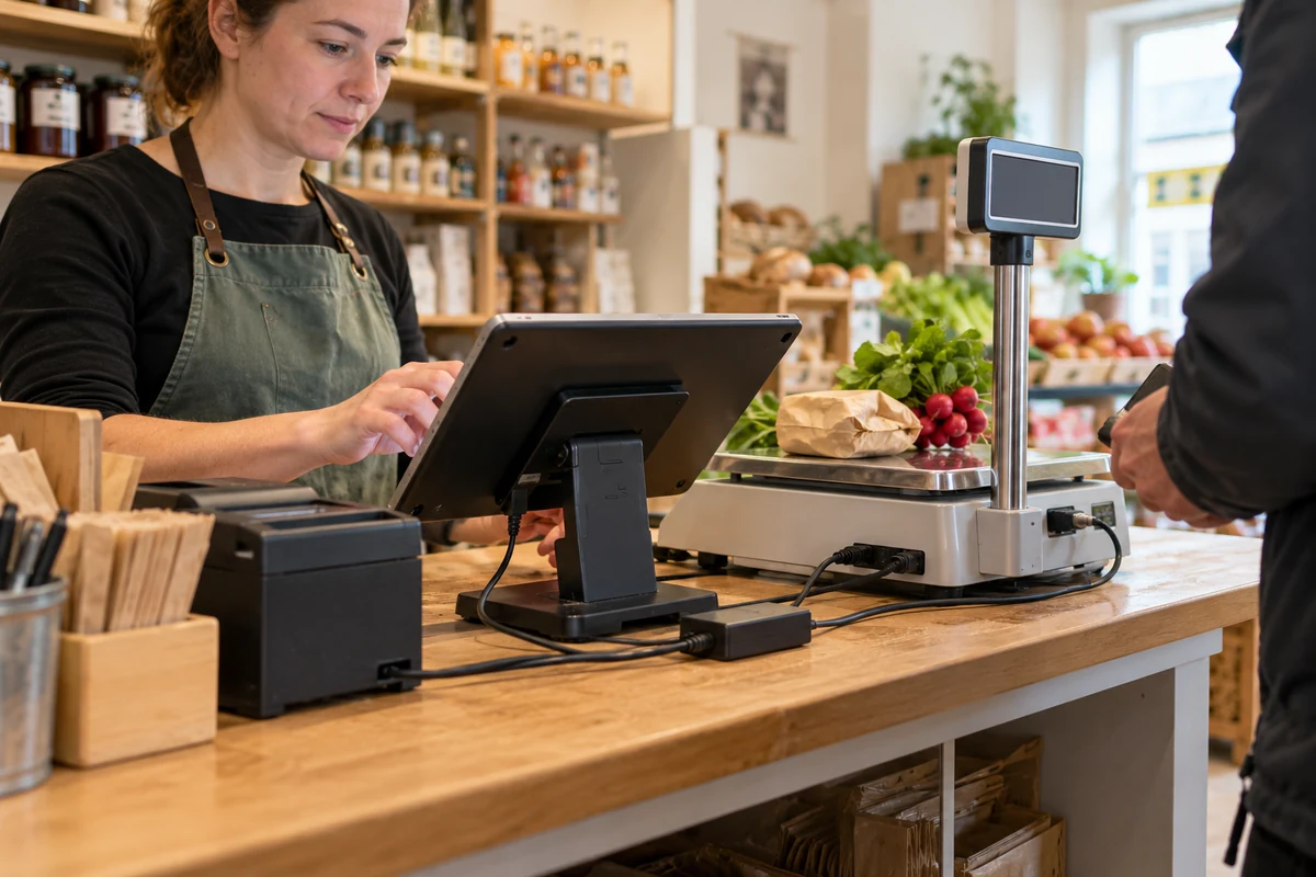 Pokladní pracovní místo malé prodejny s tabletem a váhou, detail připojených kabelů a zařízení bez loga