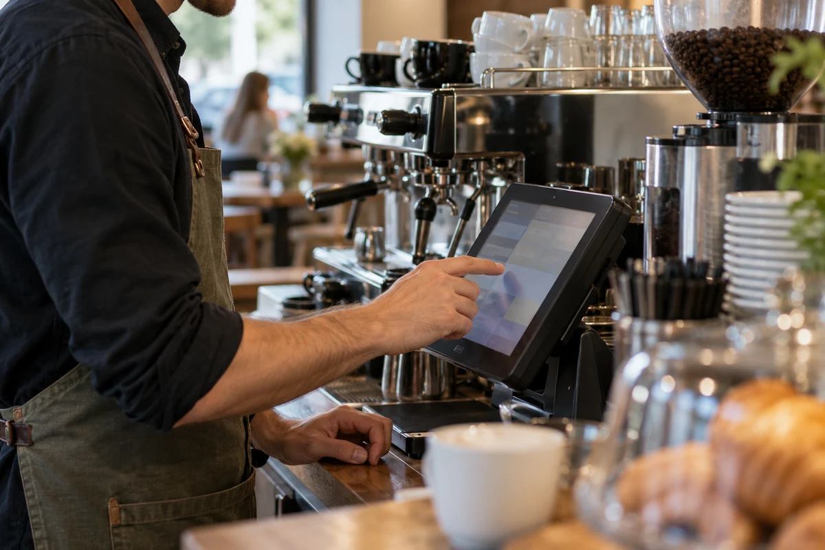 Barman zadávající objednávku na dotykové pokladně u kávovaru, přirozené světlo, detail rukou