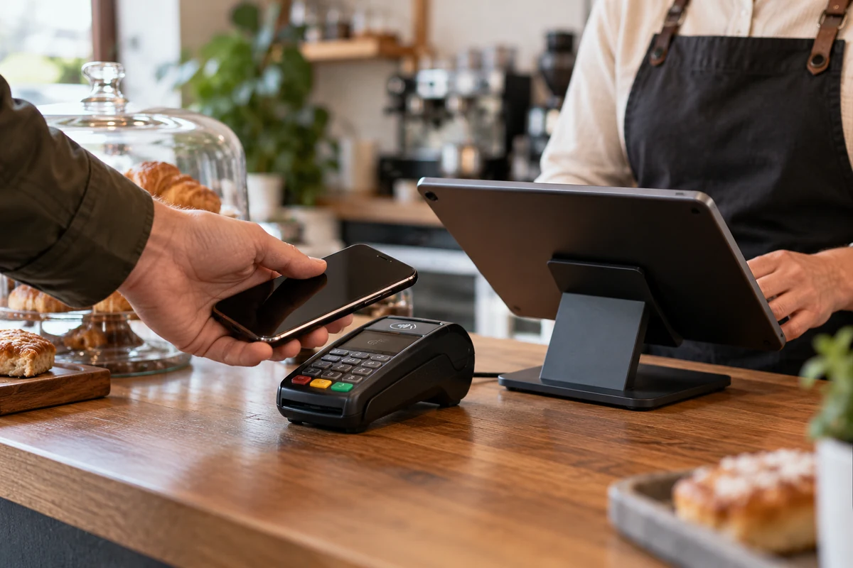 Detail bezkontaktní platby telefonem u terminálu vedle pokladního tabletu, realistické ruce