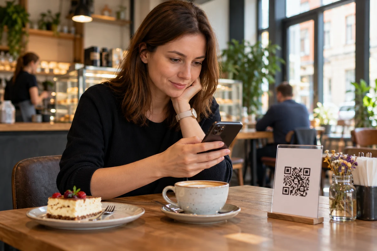 Host u stolu v moderní kavárně prohlíží nabídku na telefonu, u okraje stolu stojánek s abstraktním nefunkčním qr vzorem, bez loga