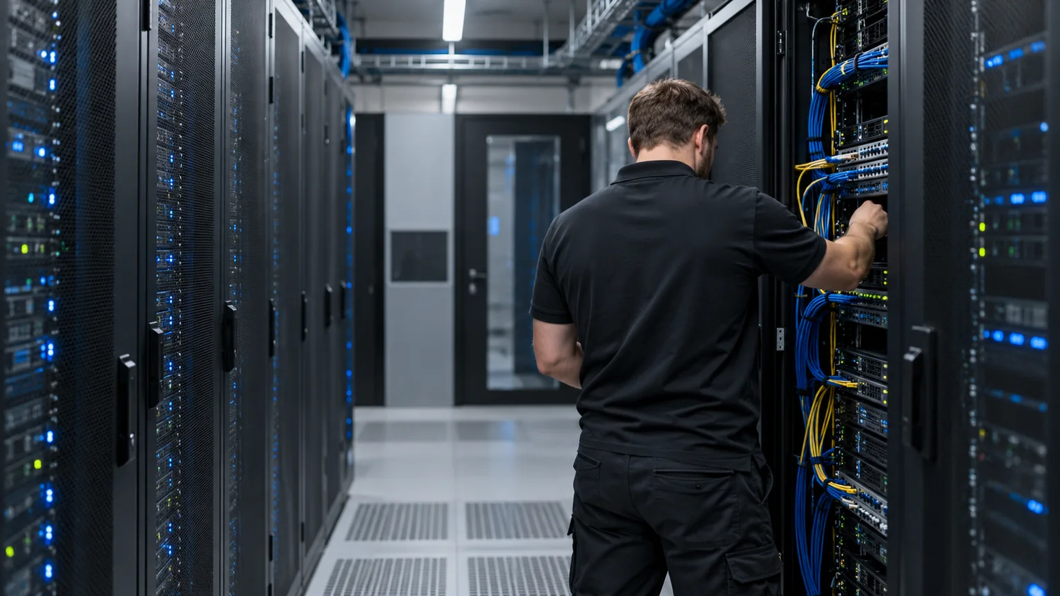 Technik stojí mezi serverovými skříněmi v tlumeně osvětlené místnosti.