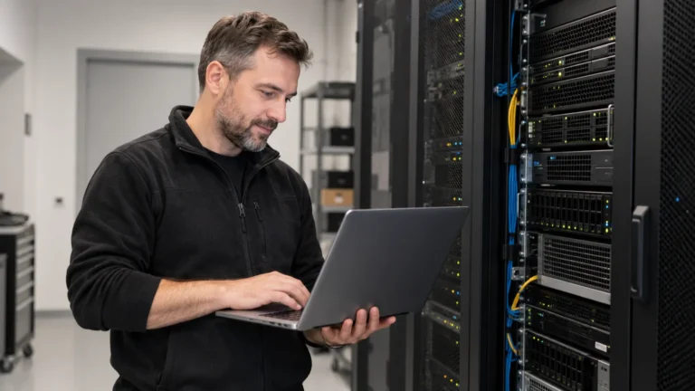 Technik pracuje s notebookem vedle serverové skříně.