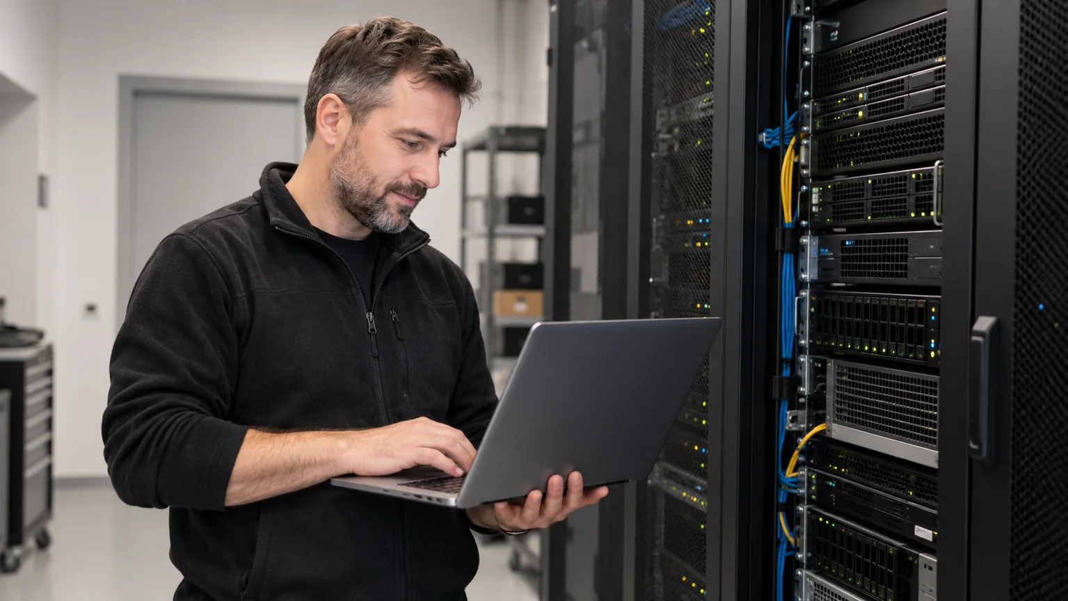 Technik pracuje s notebookem vedle serverové skříně.