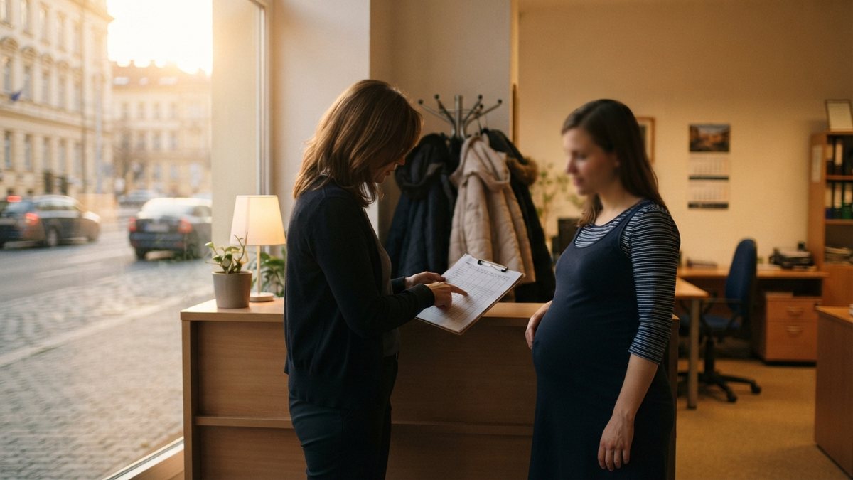 Vedoucí a těhotná zaměstnankyně u recepce