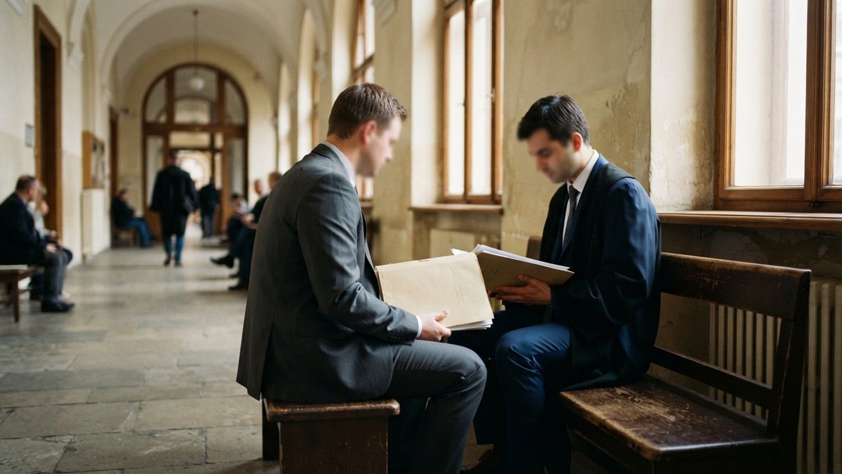 Zaměstnavatel s advokátem čekají na chodbě soudu