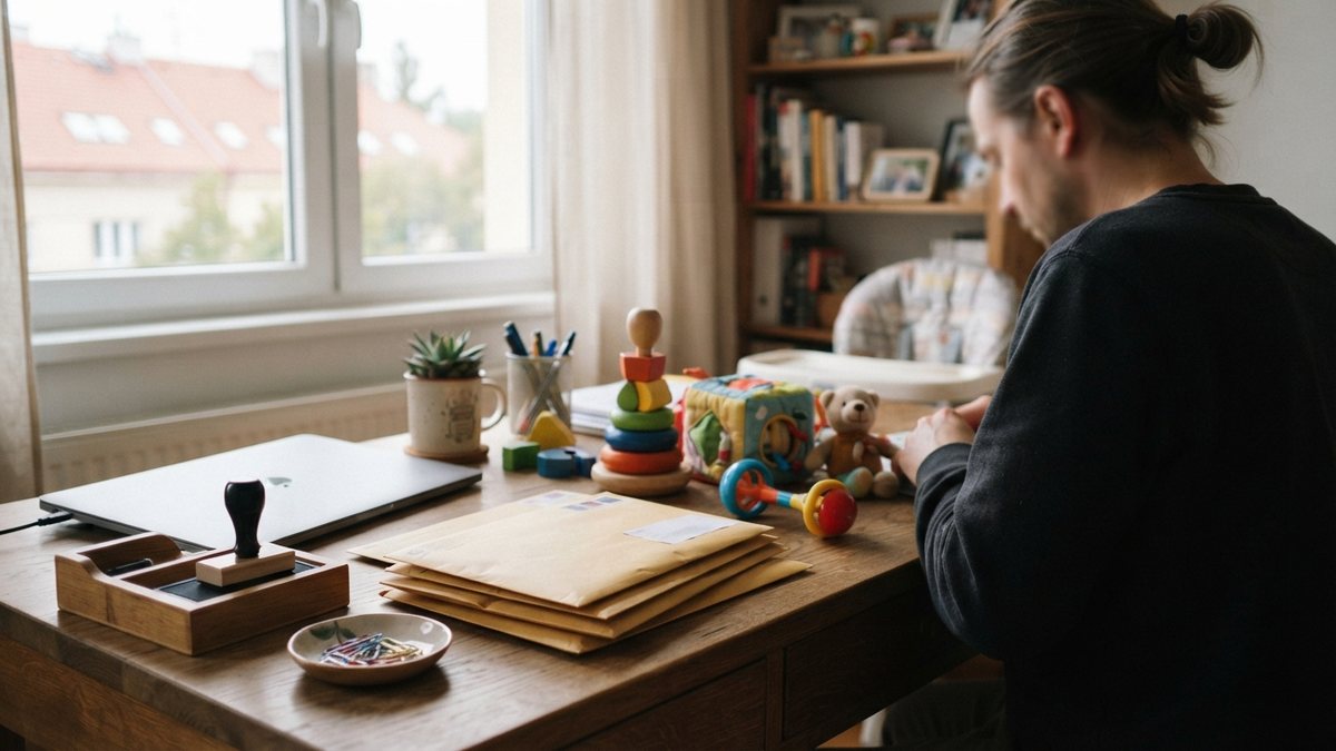 Domácí pracovní stůl s dopisy a hračkami