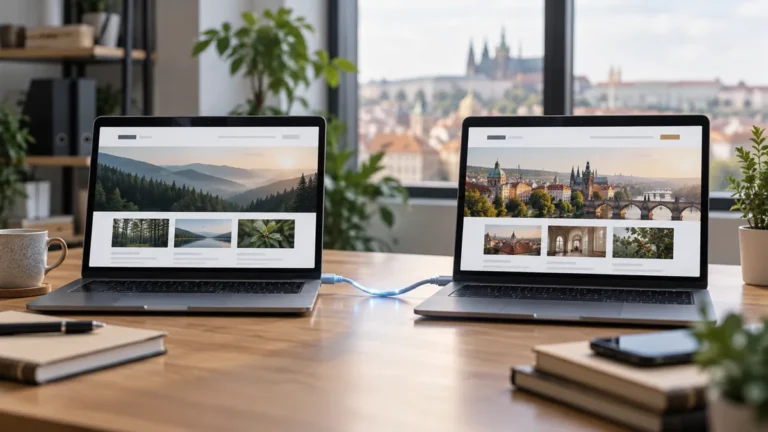 Dva notebooky s náhledy webů na stole propojené kabelem.