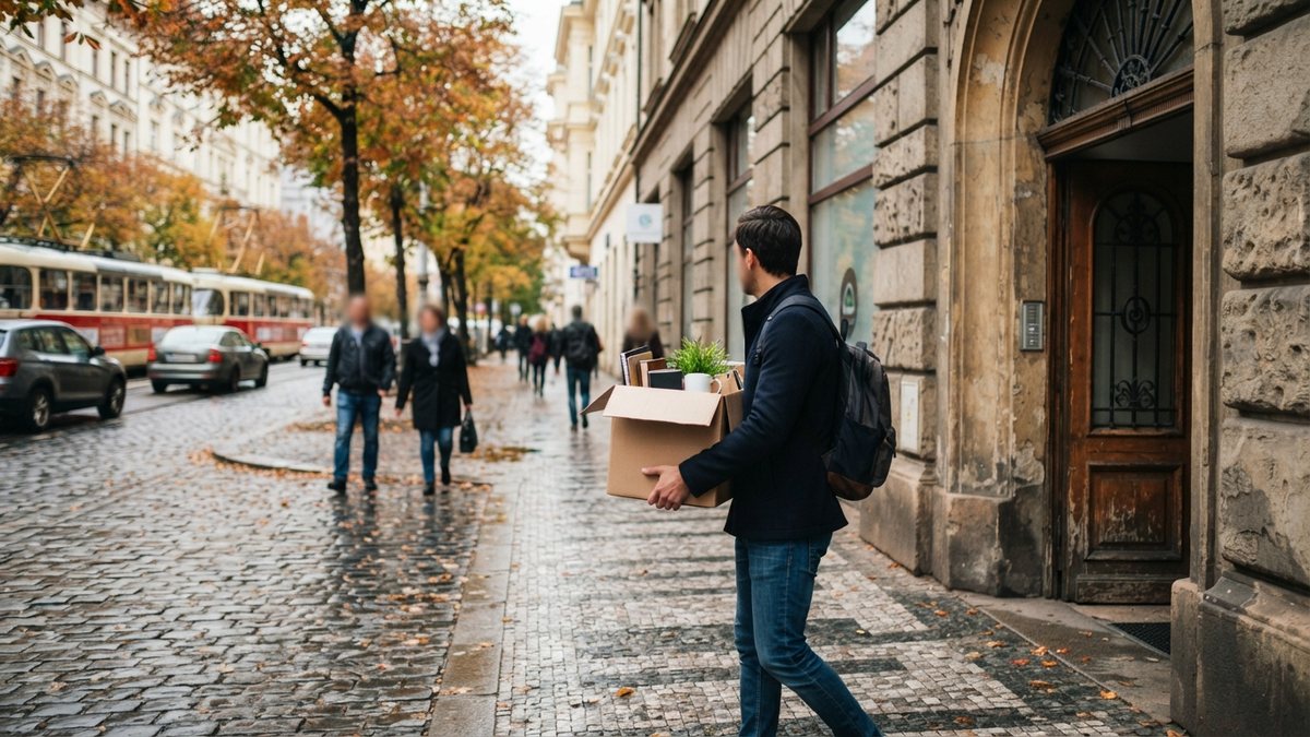 Zaměstnanec odchází s krabicí osobních věcí