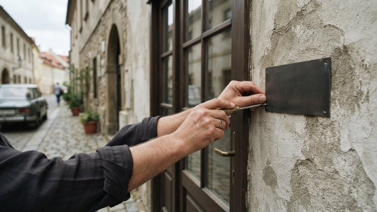 Podnikatel připevňuje štítek u dveří prodejny