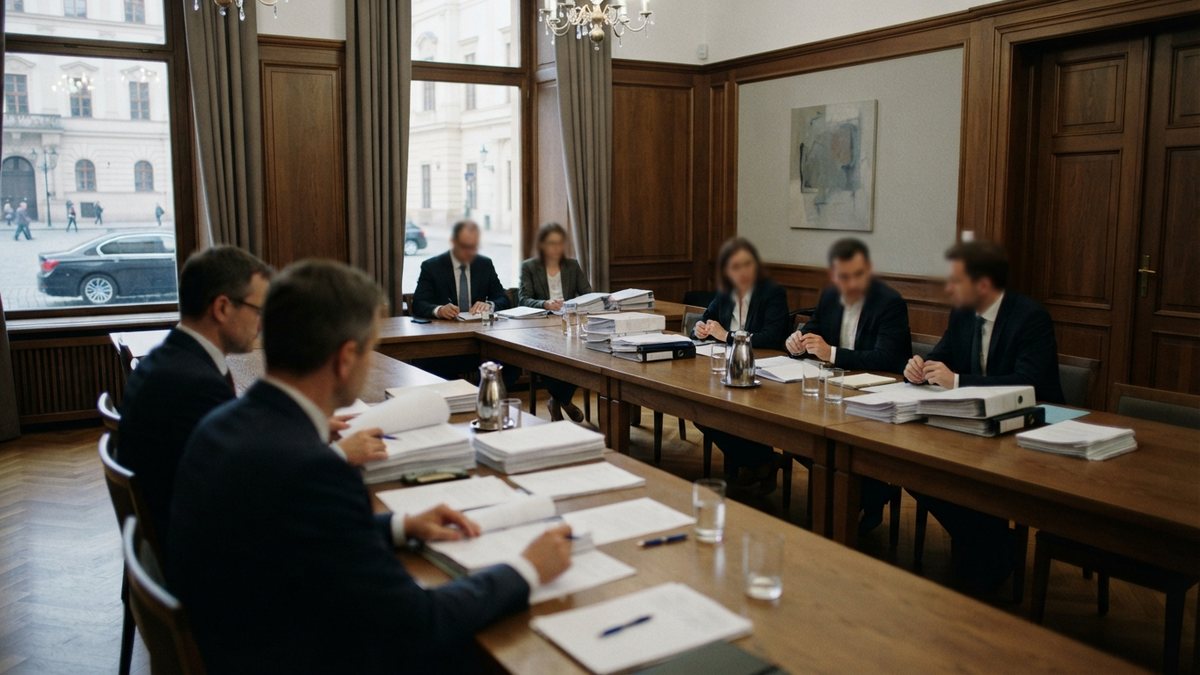 Neveřejné jednání u dlouhého stolu s dokumenty