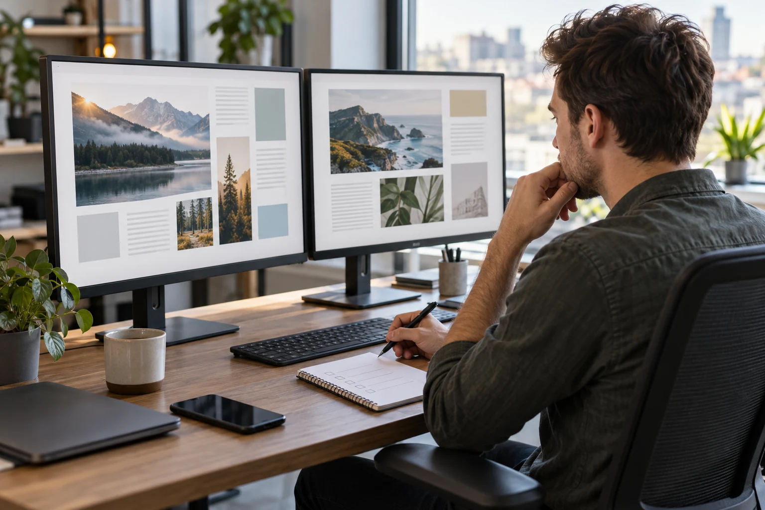 Vývojář porovnává dvě podoby magazínu na monitorech u pracovního stolu.