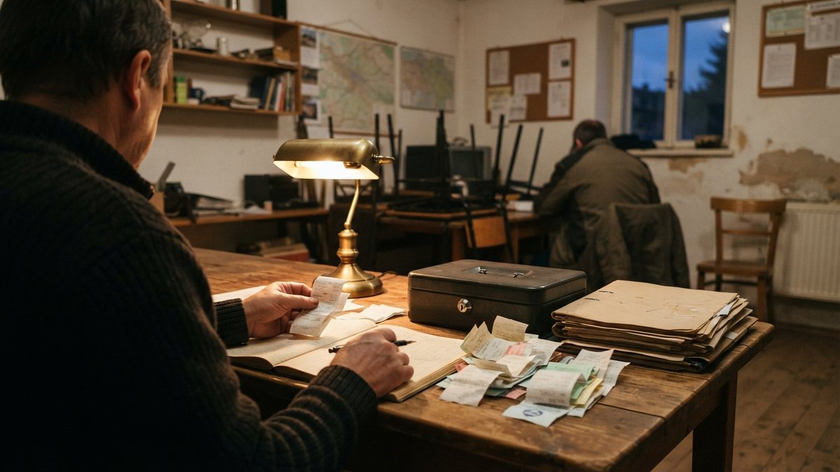 Pokladník spolku třídí příjmové doklady