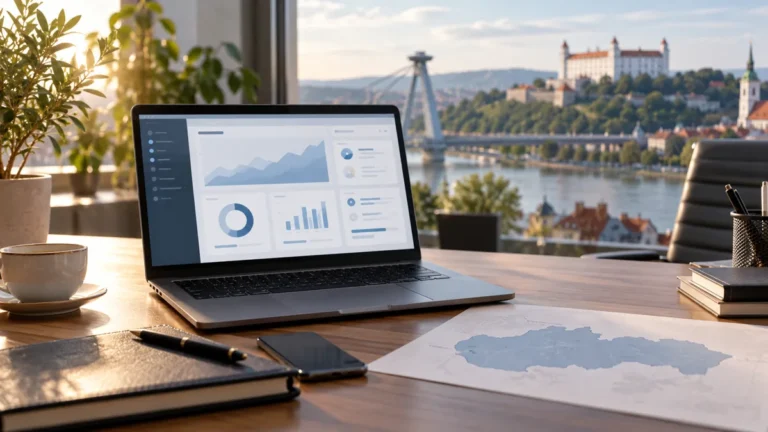 Notebook s přehledem webu na stole před mapou Slovenska.