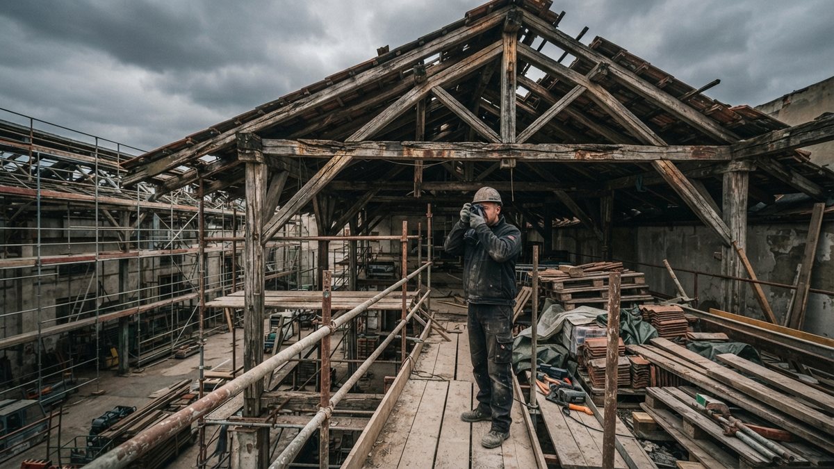 Dělník fotografuje poškozenou střechu před opravou