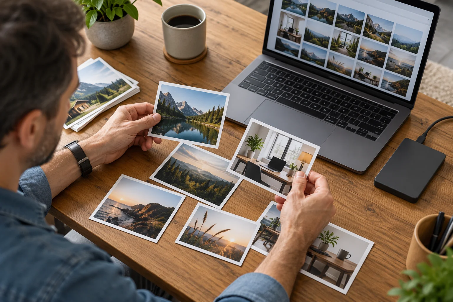 Muž třídí vytištěné fotografie u stolu s notebookem.