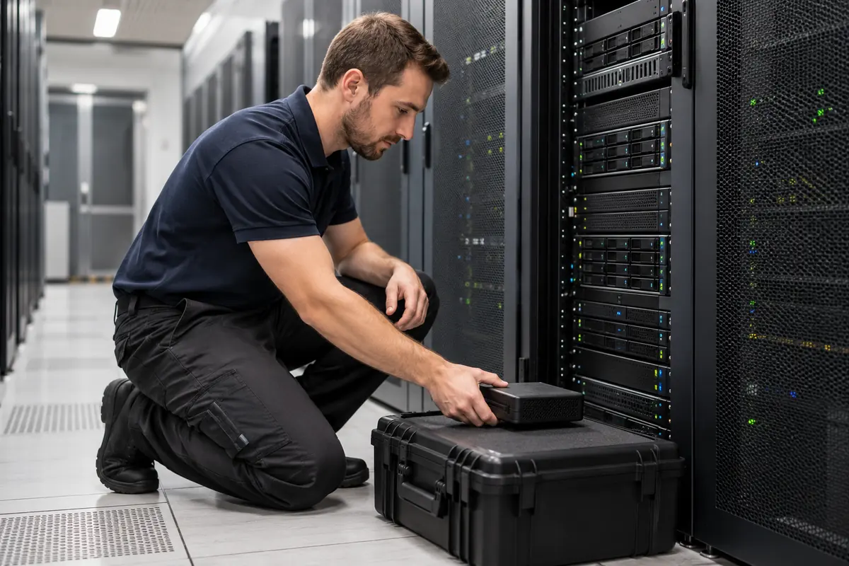 Technik v serverovně ukládá malé zálohovací zařízení u serverové skříně.