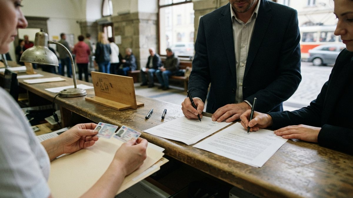 Společníci podepisují společenskou smlouvu na úřadě