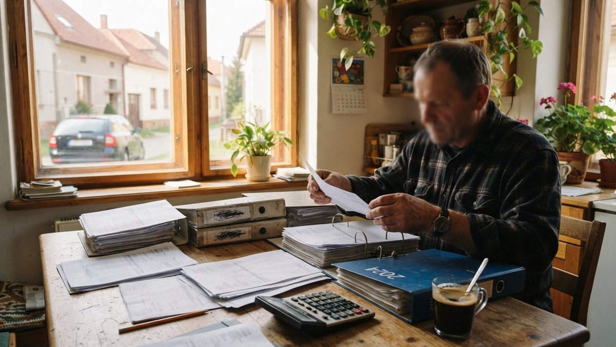 Živnostník třídí faktury do šanonů