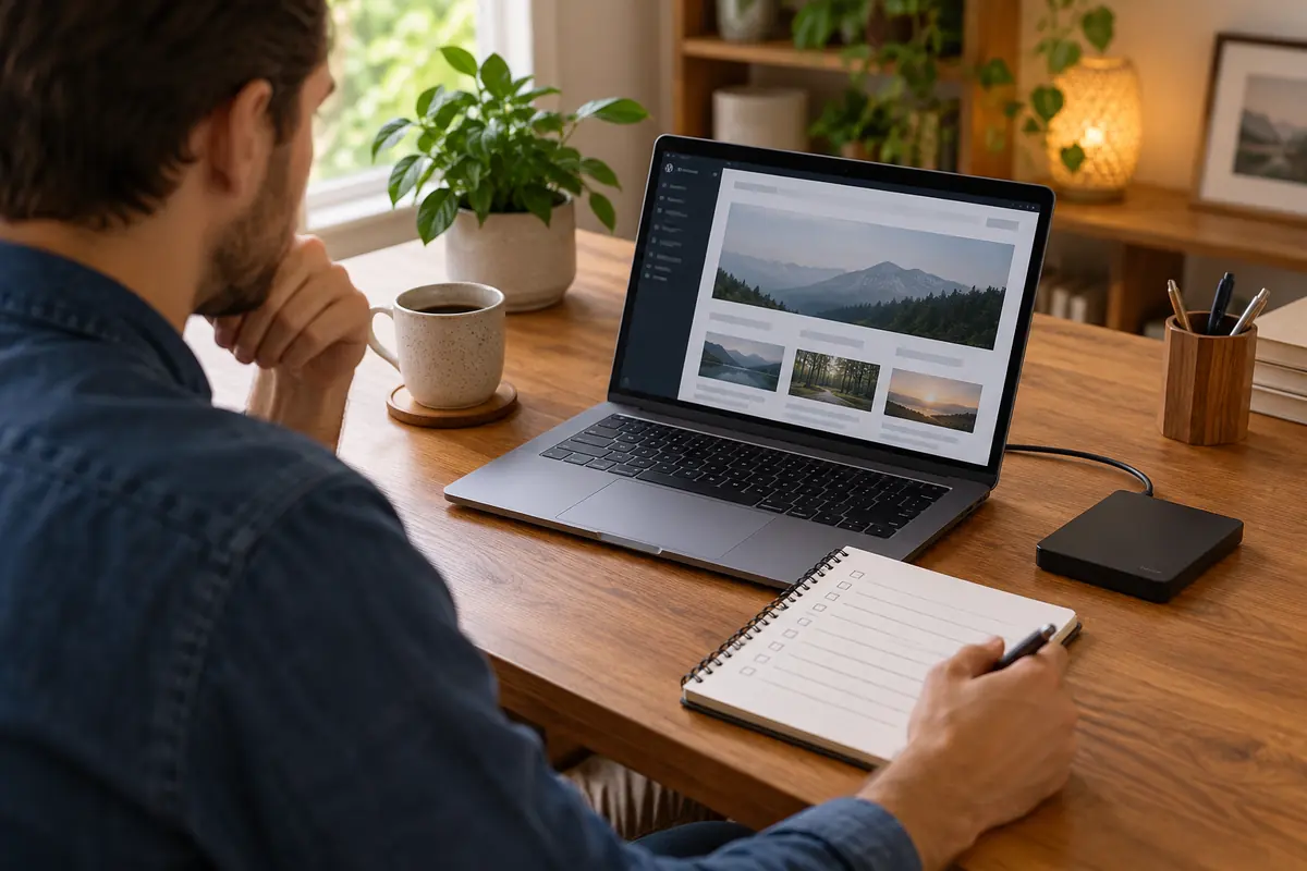 Majitel webu u notebooku připravuje kontrolní seznam a externí disk před migrací.
