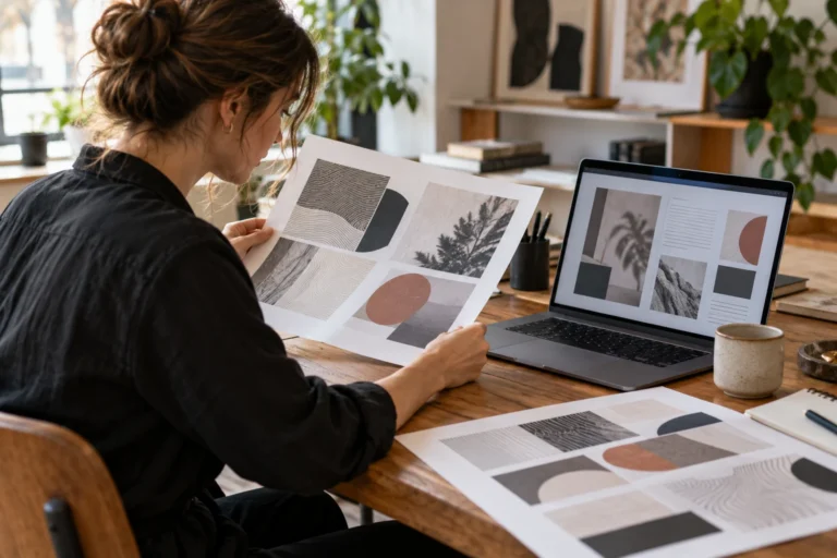 Grafička porovnává vytištěné návrhy stránek vedle notebooku.