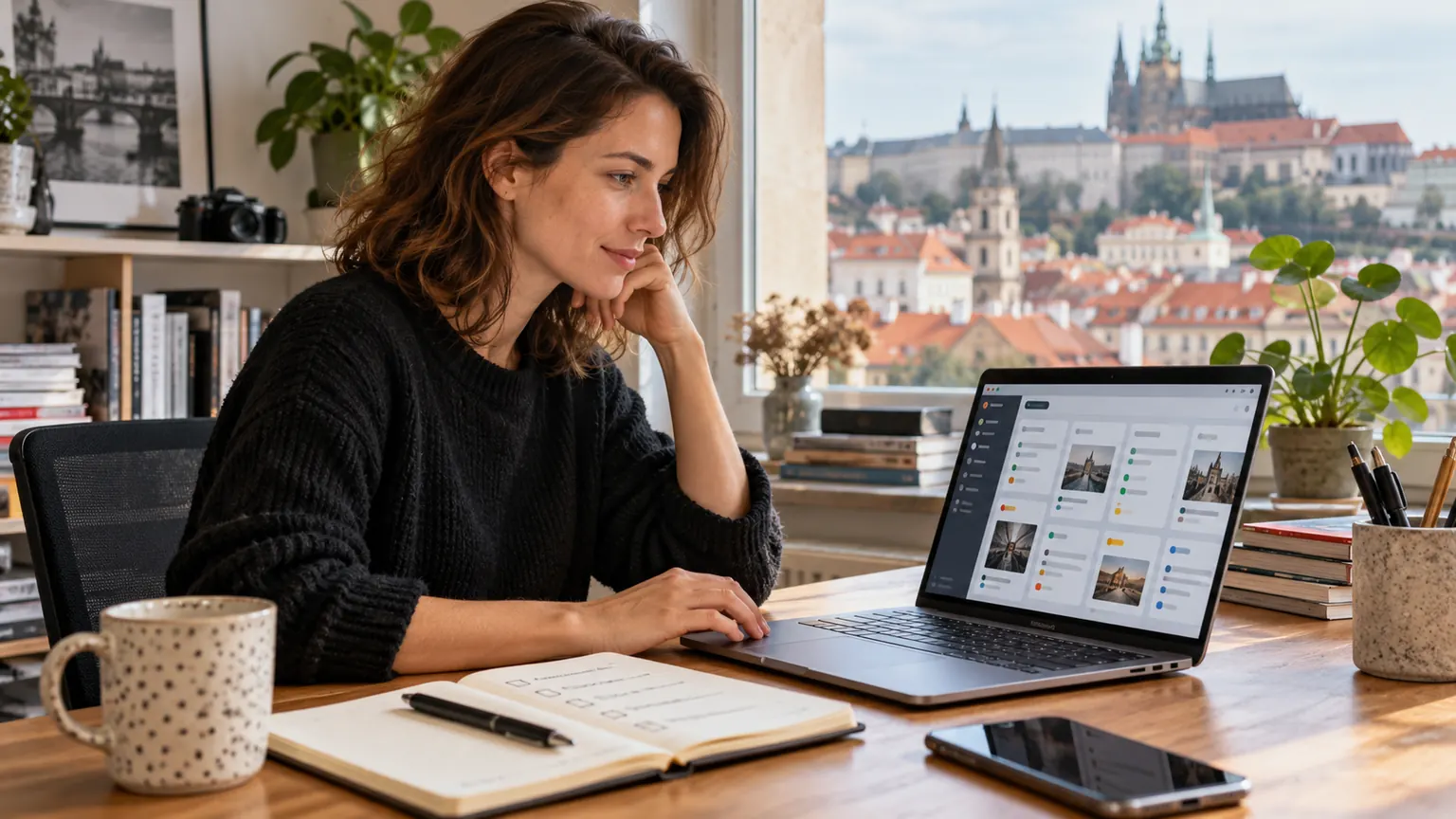 Redaktorka připravuje články v publikačním systému na notebooku.