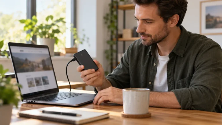 Člověk u notebooku připravuje zálohu webu na externí disk.