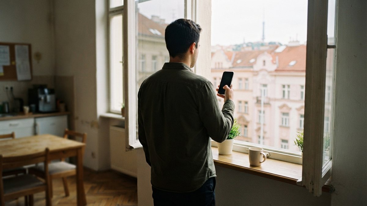 Zaměstnanec s telefonem o přestávce
